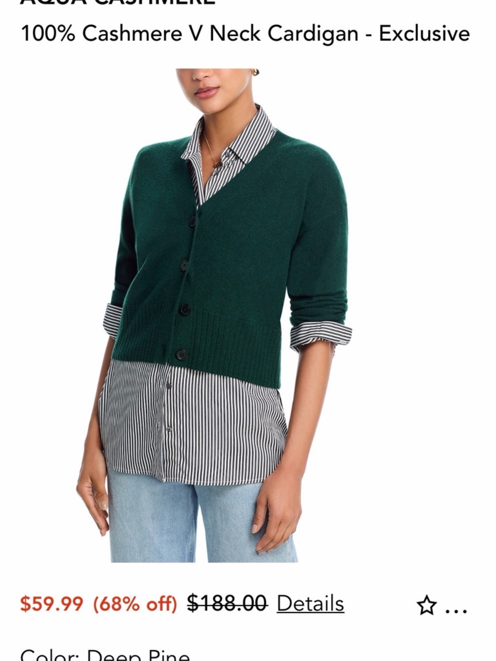 Aqua Women’s Hunter Green V-Neck Button Cardigan Cashmere Sweater - Picture 4 of 4